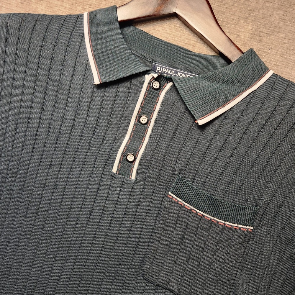 PJ‎ Paul Jones Knit Polo Shirt Mens XL Green White Ribbed Short Sleeve Pocket